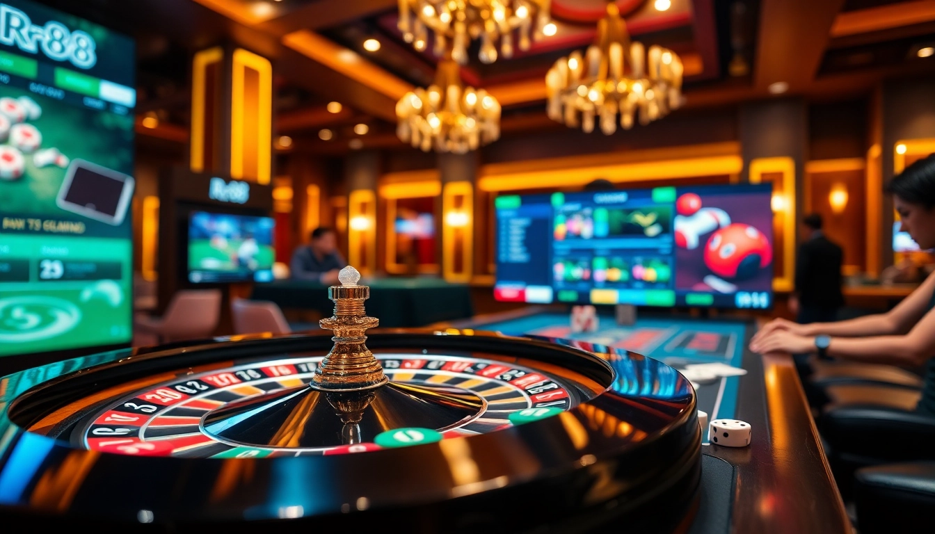 Gambling excitement at RR88 with vibrant casino tables, roulette, and online betting interface.
