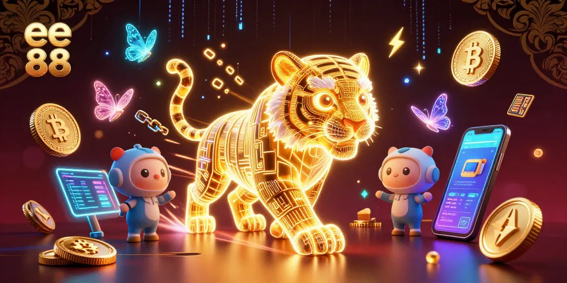 Experience the thrill of ee 88 with a vibrant 3D casino scene featuring a light energy tiger and crypto elements.