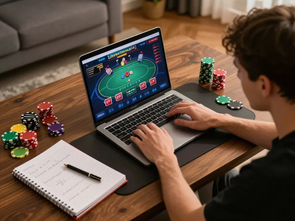 27G gaming session shows player strategizing on laptop with poker interface and notes