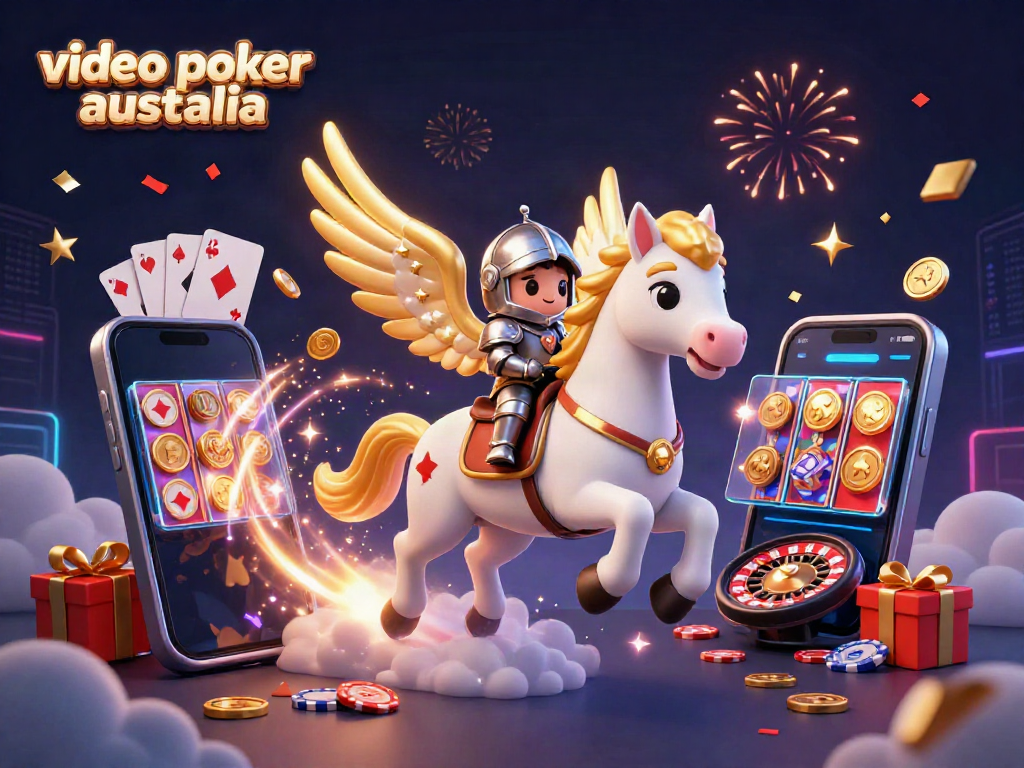 Engage in video poker Australia with an exciting 3D illustration of a knight and a magical horse amidst casino elements.