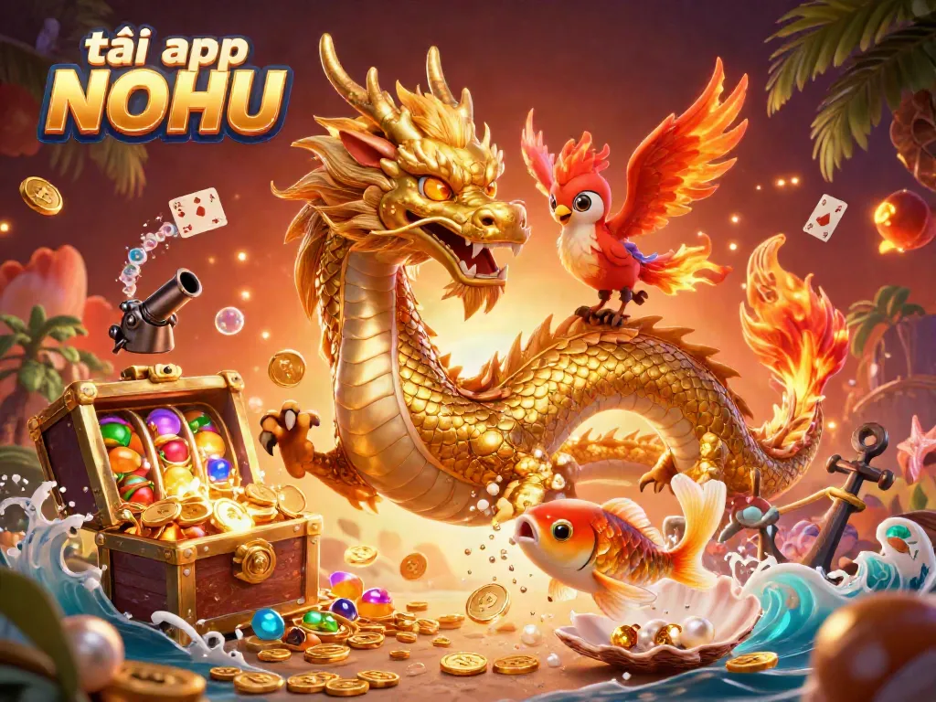 Experience the thrill of gaming as you tải app NOHU with a vibrant scene featuring a dragon, phoenix, and koi fish amidst dynamic casino elements.