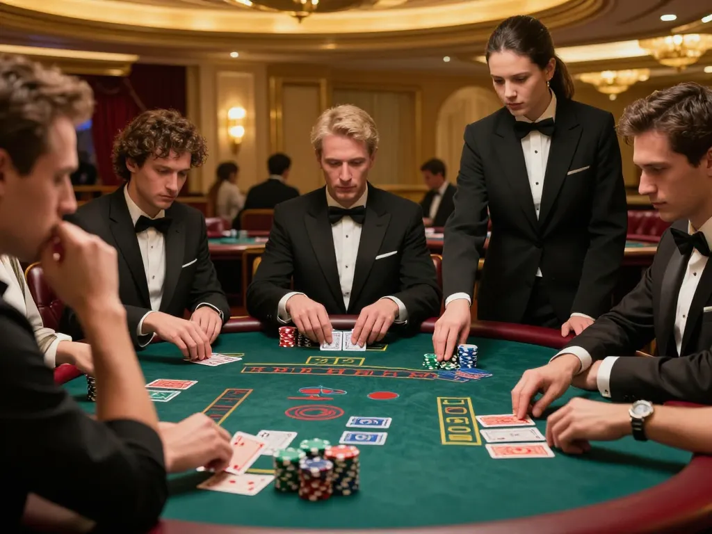 Experience 27G's high-stakes blackjack action with players contemplating strategies at an upscale casino table.