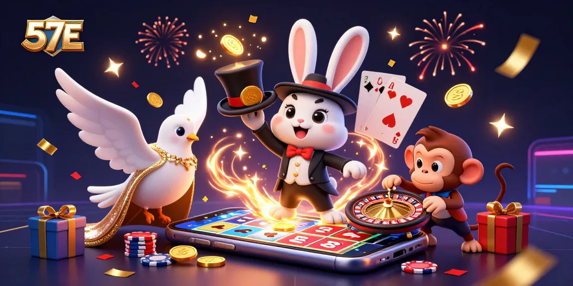 Experience the magic of 57E with a cartoon magician rabbit pulling coins and a slot game explosion.