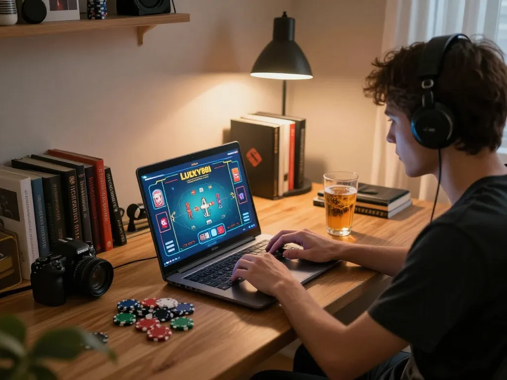 Engaged player enjoying LUCKY88 game on a laptop in a cozy home setting, showcasing a strategic gambling moment.