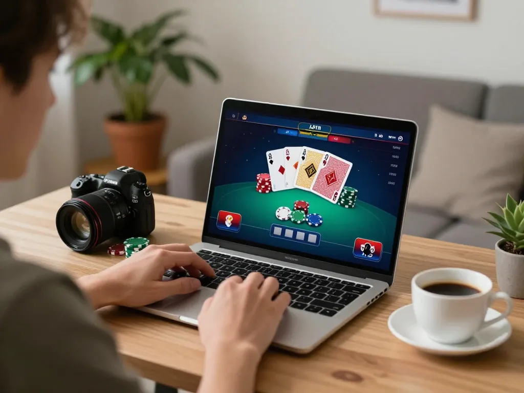 Jogabilidade envolvente de poker na plataforma HH55 exibida em um laptop em um ambiente aconchegante em casa.