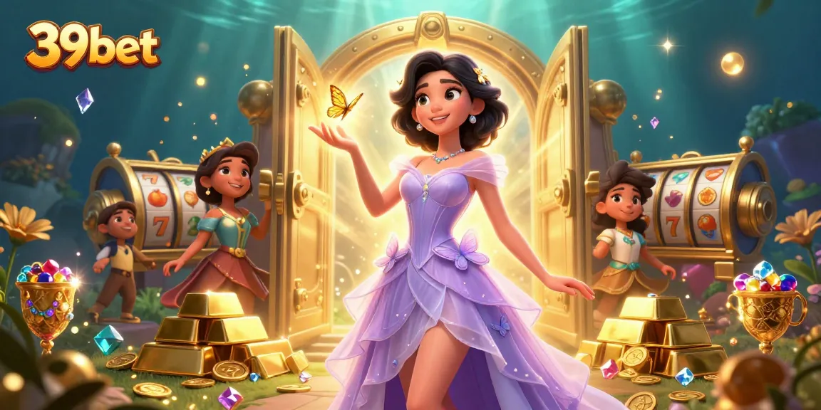 Engage with 39bet's vibrant casino scene featuring a stunning woman, golden treasures, and dynamic game elements.