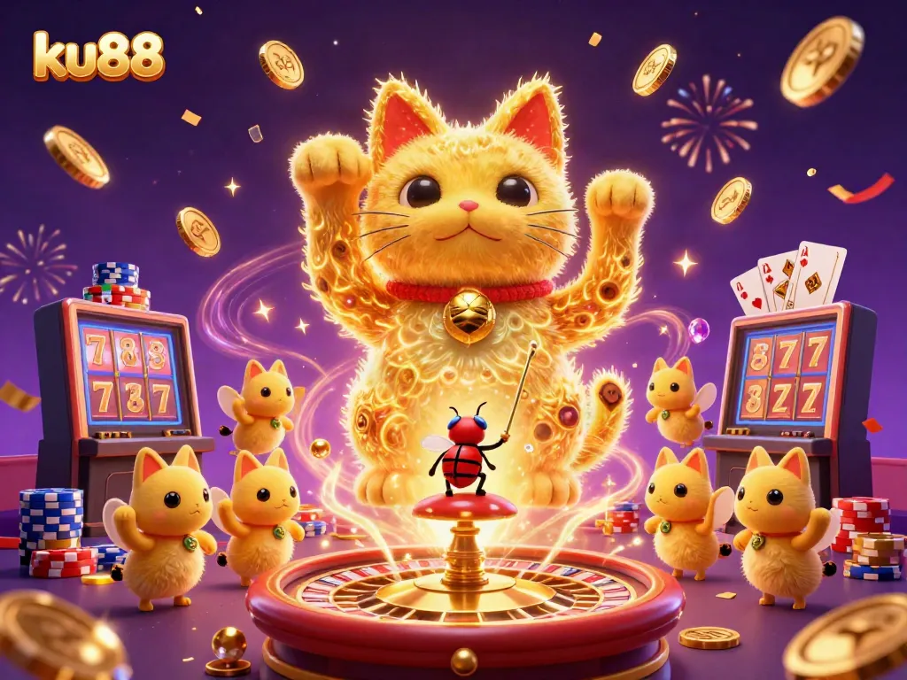 Experience lively casino action with ku88's animated lucky cat and dynamic elements showcasing thrilling gambling.