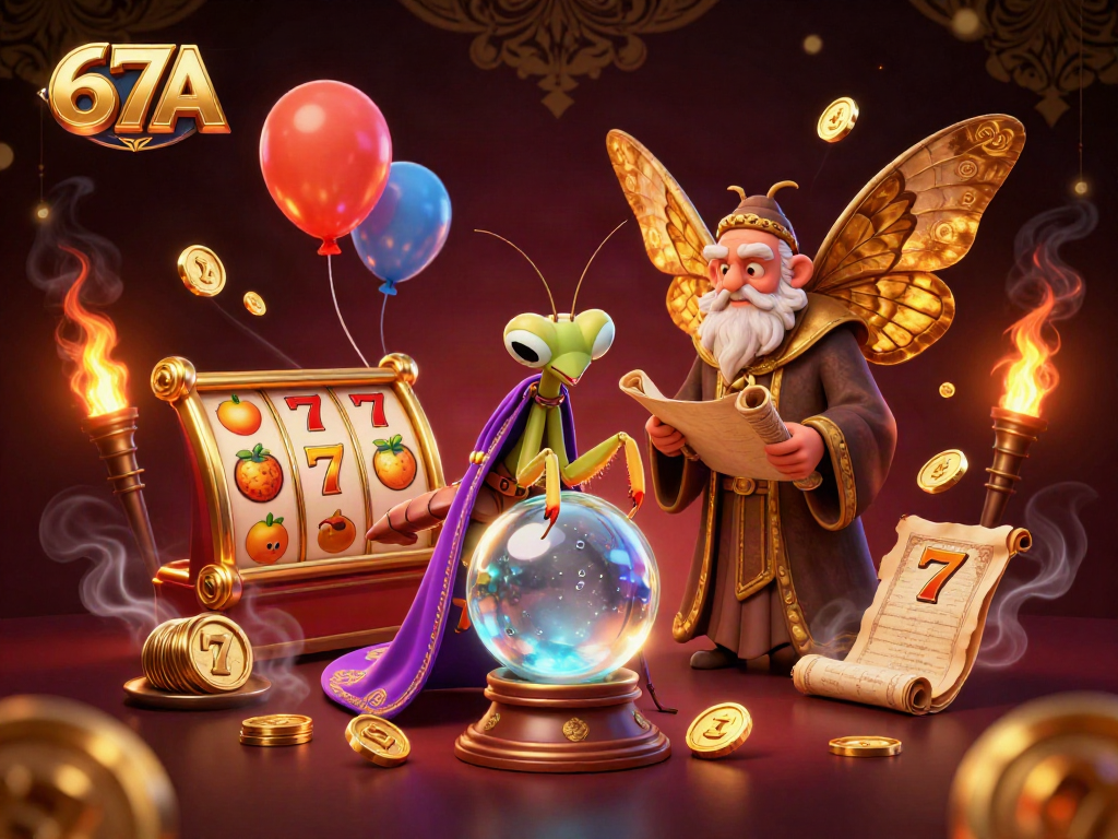 Engage with the mystical 67A fortune teller predicting wins at the casino, surrounded by slot gaming elements.