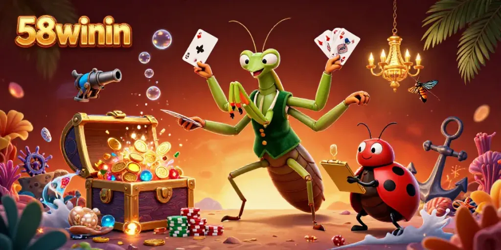 Experience the vibrant action of 58winin with a giant praying mantis dealer and dynamic casino elements.