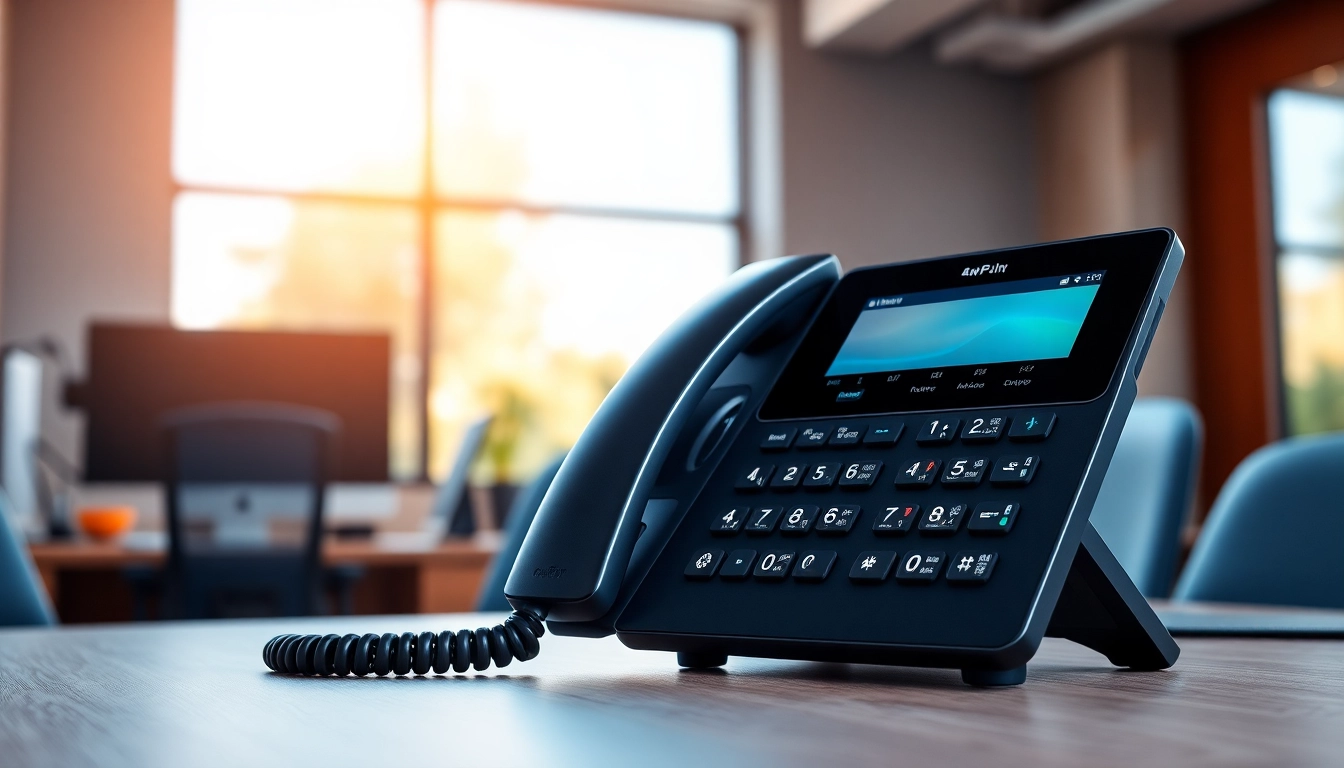 Showcasing a vibrant business phone setup in a modern office environment with natural light.