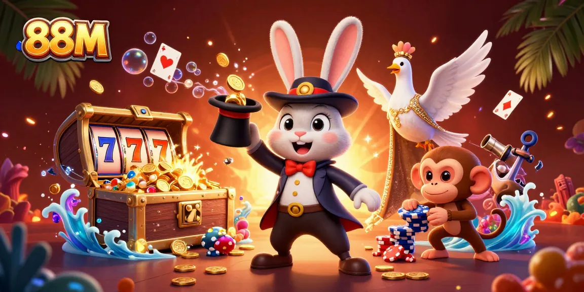 Engaging visual of 88M featuring a magician rabbit, dove, and monkey amidst dynamic casino elements.
