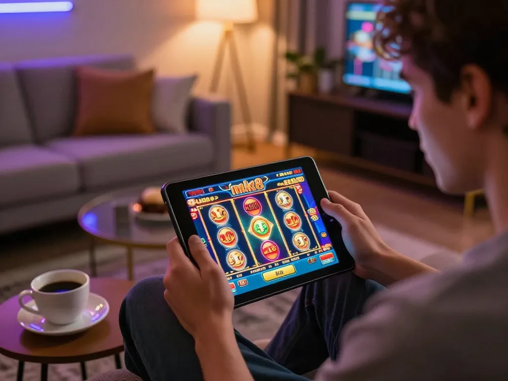 Engaged mk8 online player strategizing in a stylish home casino setup.