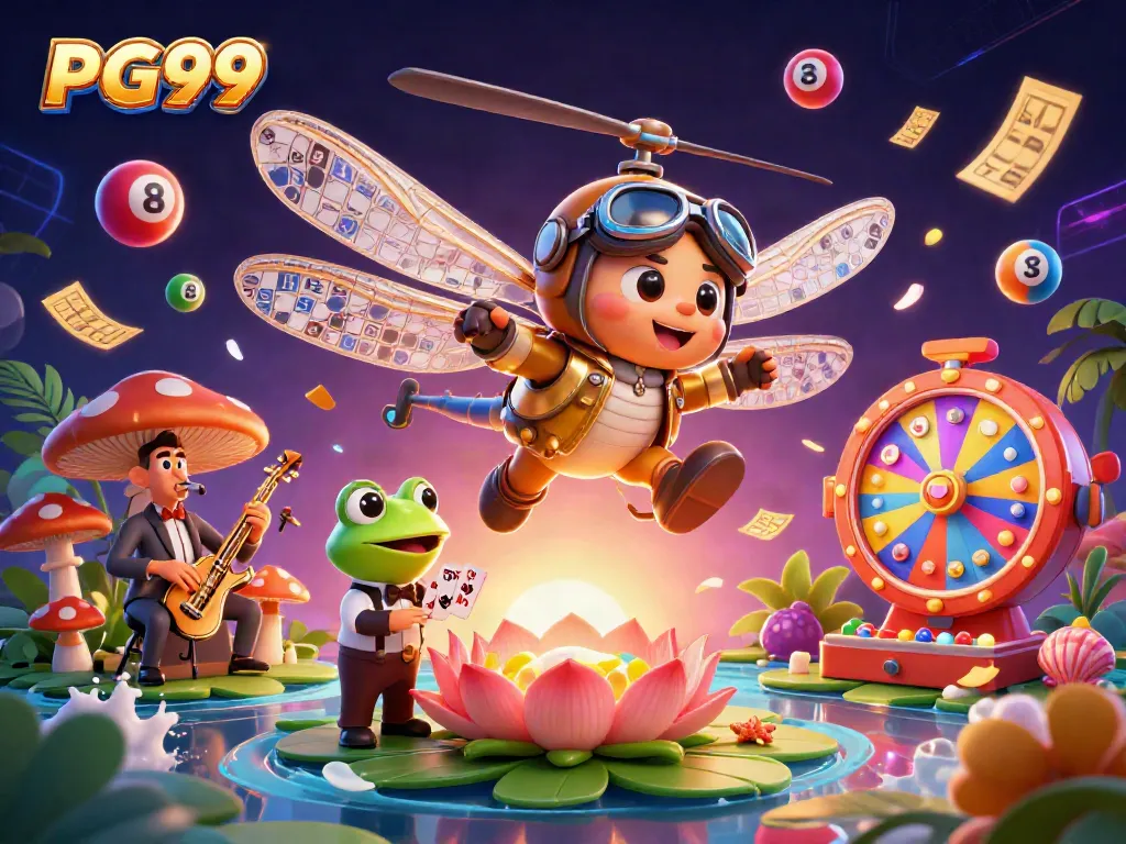 Engage in the whimsical world of PG99 with a lively 3D casino scene featuring vibrant characters and dynamic game elements.