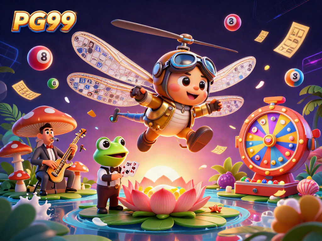 Engage in the whimsical world of PG99 with a lively 3D casino scene featuring vibrant characters and dynamic game elements.