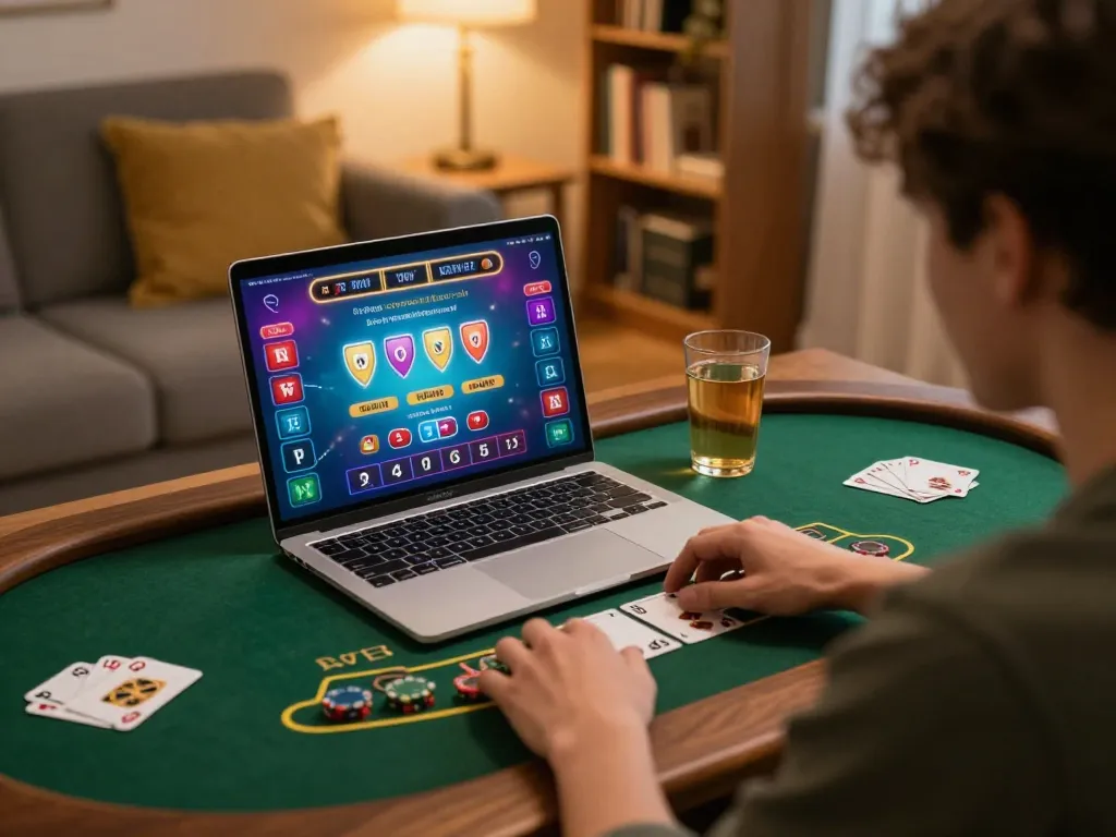 Player enjoying an engaging online blackjack game at home with 75W platform, showcasing strategic gaming atmosphere