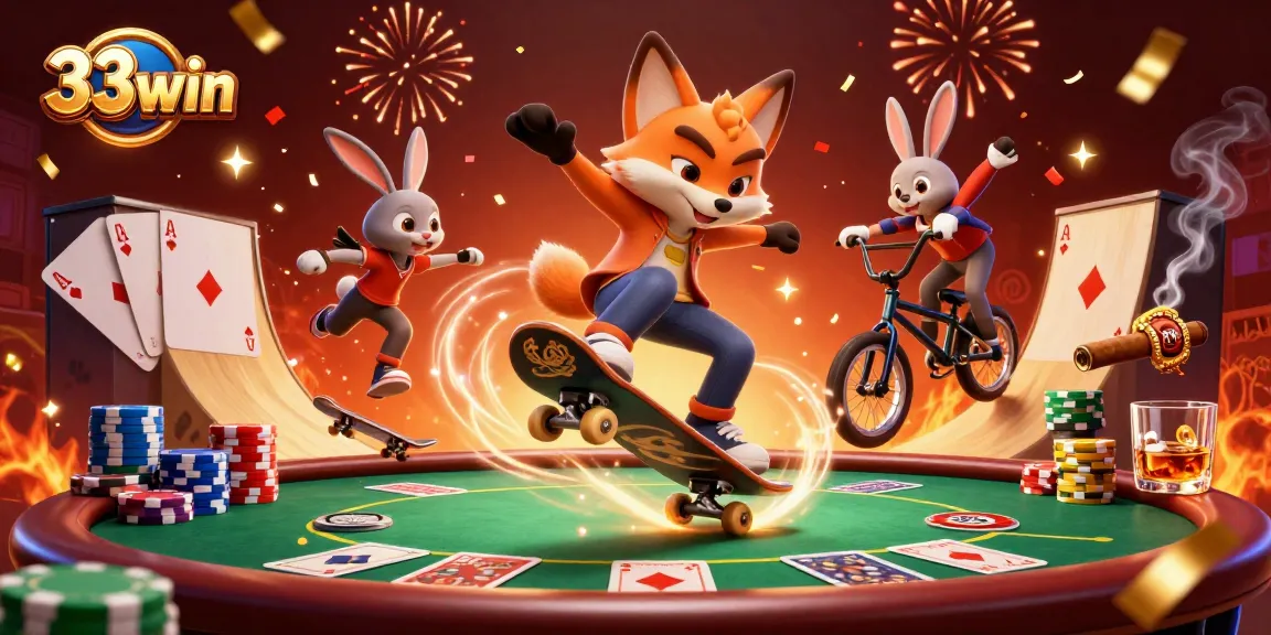 33win highlights a vibrant casino scene with colorful poker chips and animated characters.