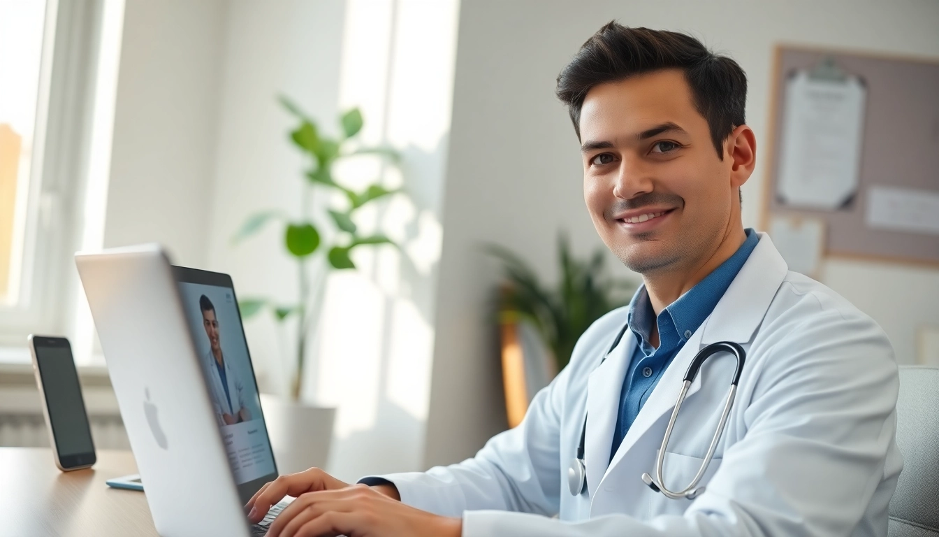 Talk to a doctor online without appointment, healthcare professional consulting patiently with a laptop.