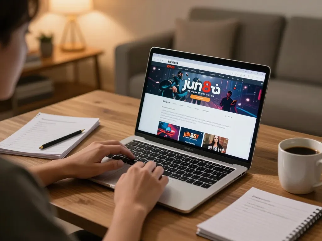 Player using nhà cái jun88 website on laptop, showcasing responsible gaming atmosphere.