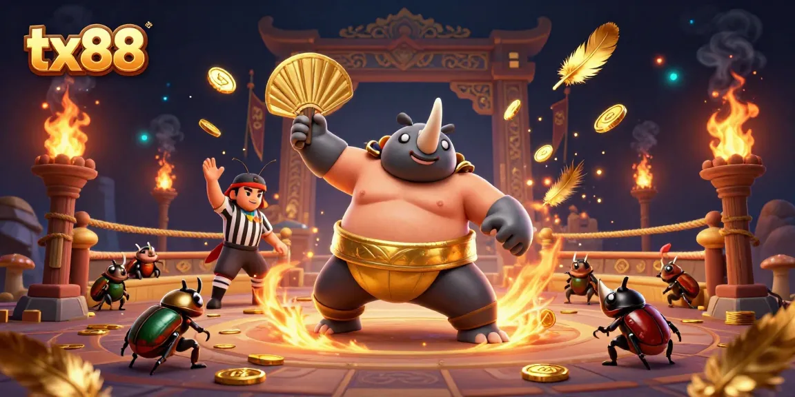 Experience the thrilling tx88 casino action with a vibrant 3D sumo beetle championship scene.