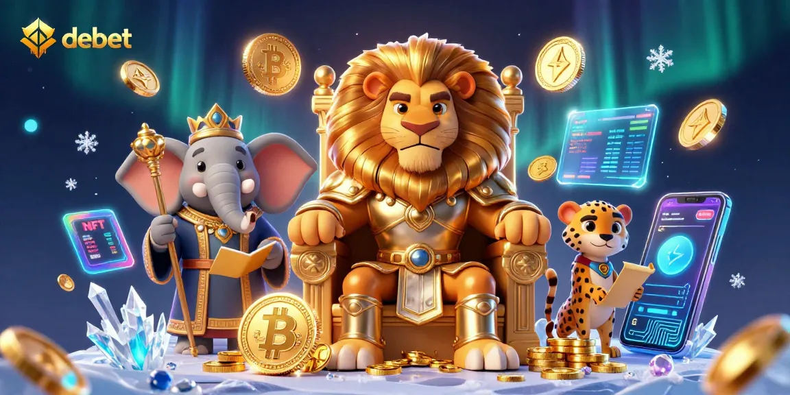 Experience the power of debet with a vibrant 3D illustration featuring a lion king and cryptocurrency elements.