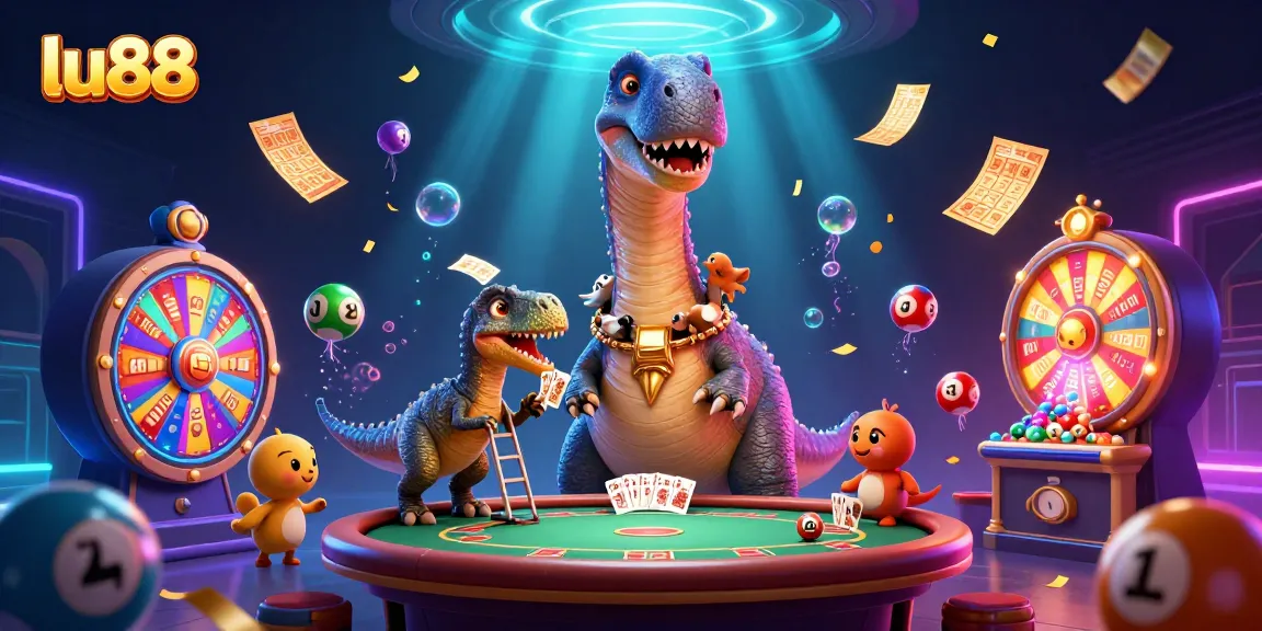 Experience thrilling gameplay with lu88 as a brontosaurus enjoys a dynamic poker game amidst colorful casino elements.