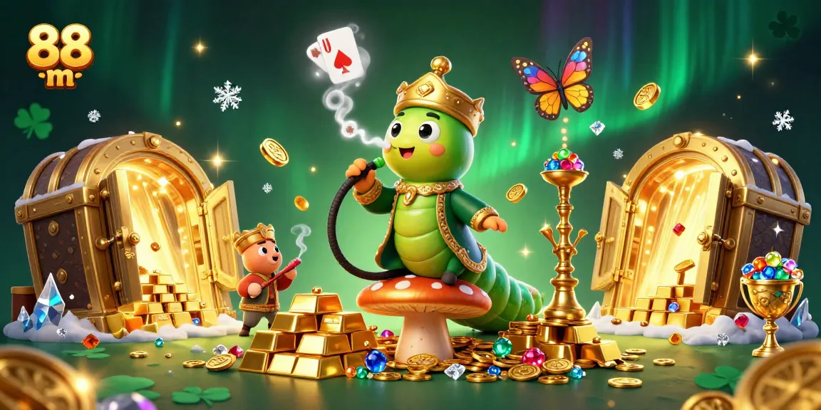 Engage with 88 m in this vibrant casino scene featuring a whimsical caterpillar surrounded by treasures and gambling symbols.