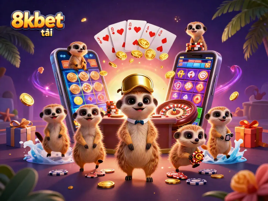 Experience 8xbet tải as meerkats manage a vibrant casino scene filled with games and excitement.