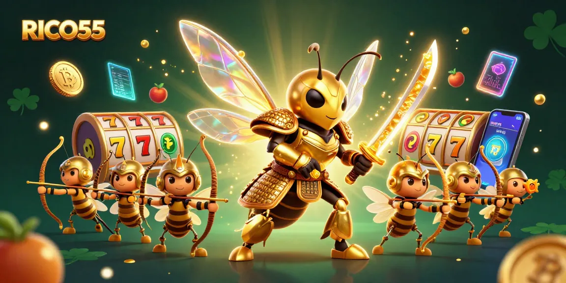 Experience exciting gaming at RICO55 with dynamic slot reels and lucky symbols in an immersive illustration.