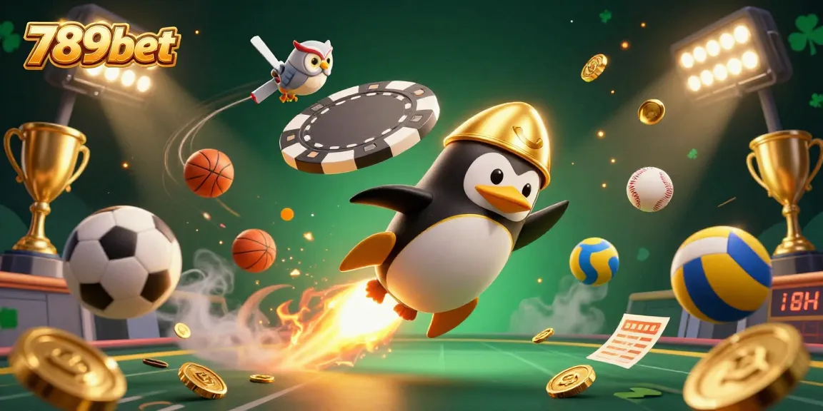 Bet on 789bet with excitement as a golden penguin rockets through a vibrant casino galaxy.