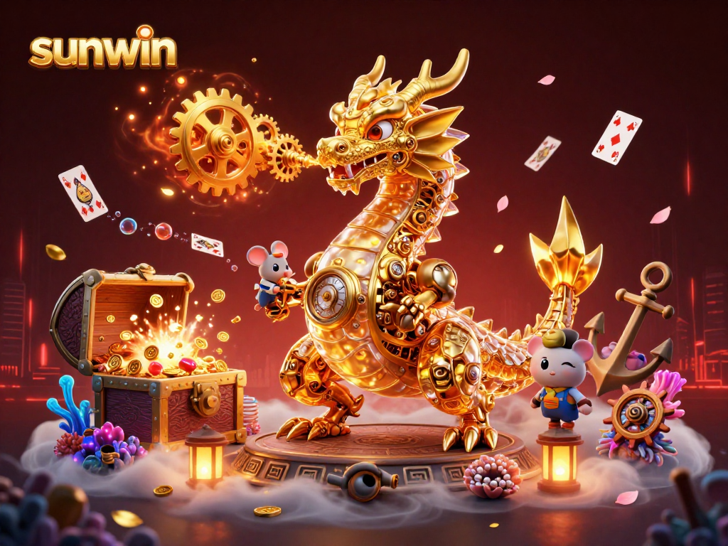 Engage with sunwin's thrilling gaming adventure featuring a golden dragon and vibrant casino elements.