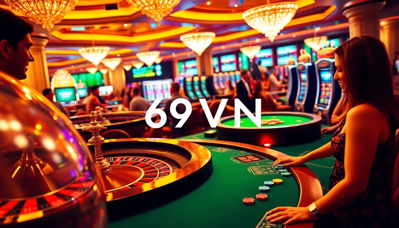 Experience thrilling gaming at 69VN with vibrant tables and slot machines.