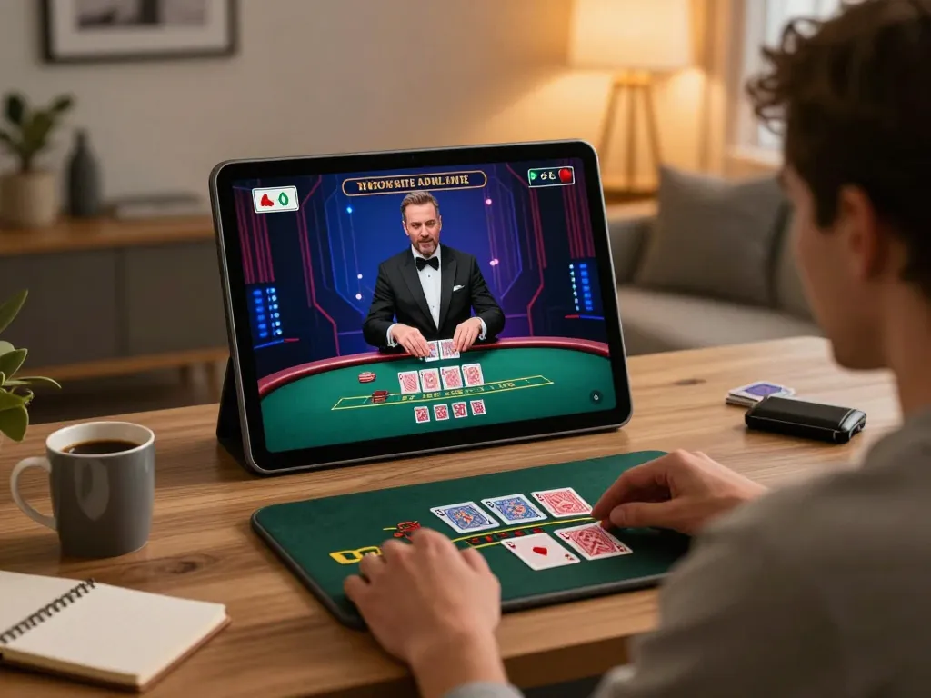 Play 27G live dealer blackjack from home during a cozy gaming session with warm decor.