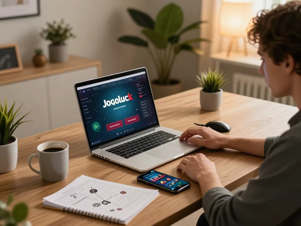 Engaging with Jogoluck online gaming platform at a stylish home desk.