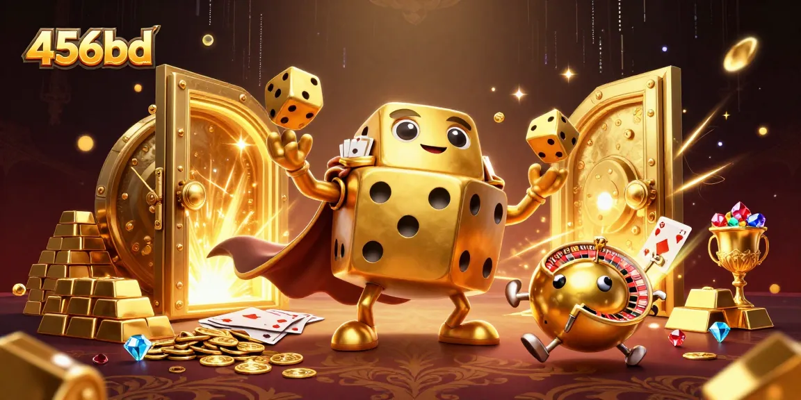 Join the excitement at 456bd with golden dice levitating amidst treasures in a casino scene.
