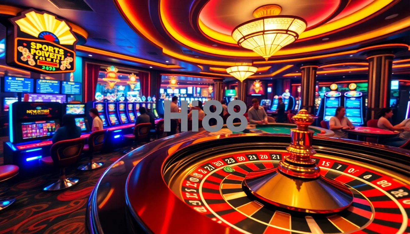 Hi88 players enjoying an exciting game at a vibrant casino table with roulette.