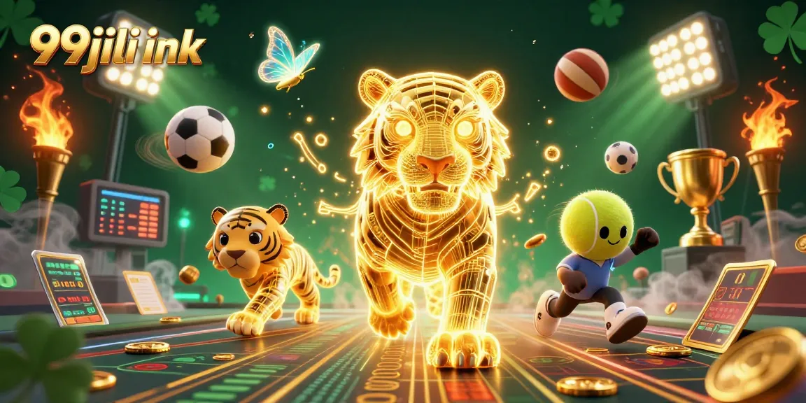 Engage with 99jili ink betting excitement amidst a digital casino illustrated with vibrant sports and golden elements.