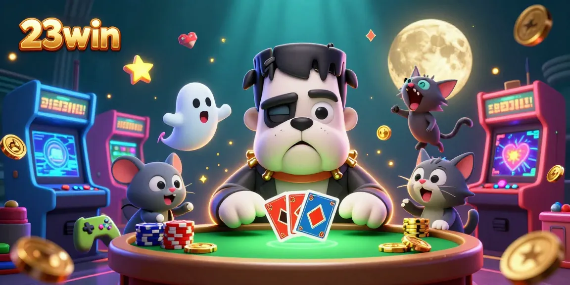 Engage in thrilling card games with 23win's vibrant casino illustration showcasing action-packed characters.