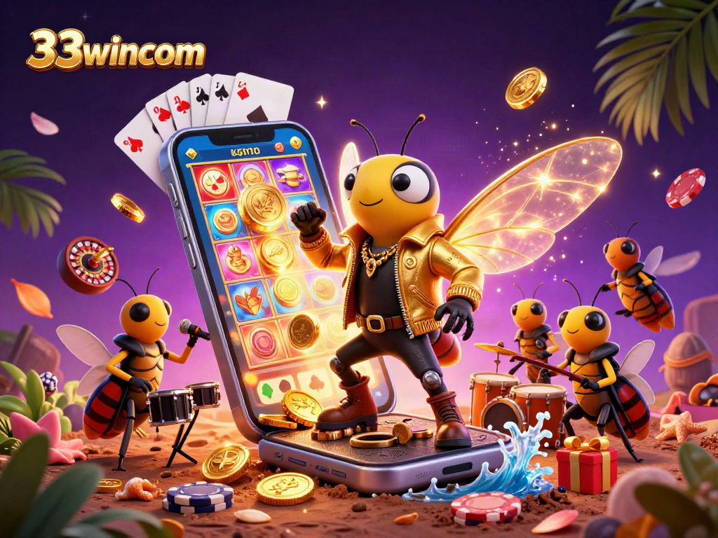 Experience the thrill of slots with 33wincom's vibrant 3D casino illustration, showcasing engaging game elements.