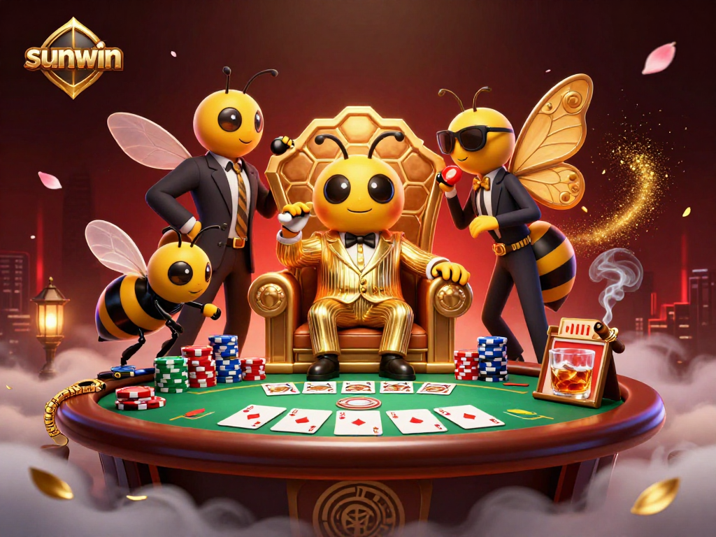 Sunwin casino scene with a bumblebee mob boss surrounded by poker elements and lavish decor.
