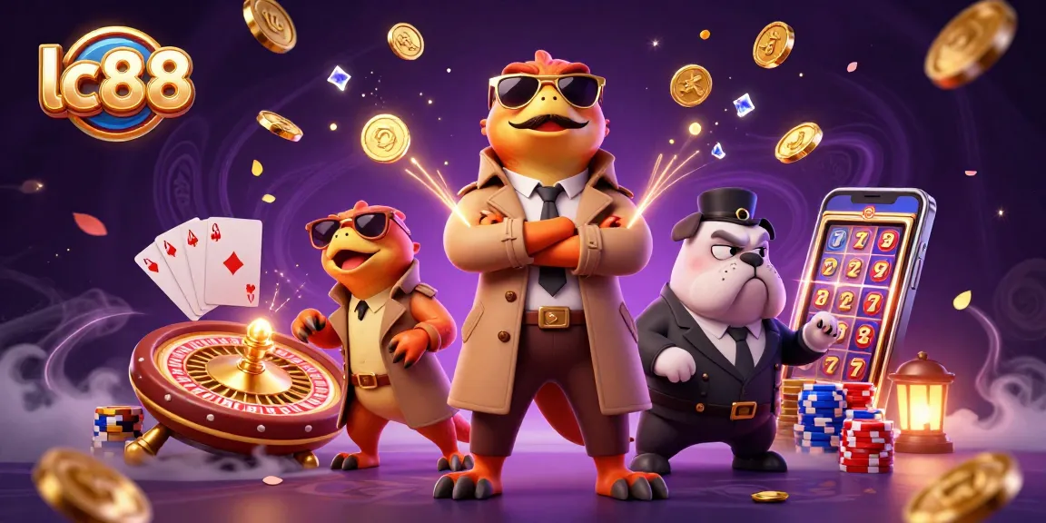 Engage with lc88 and see cartoon raptors trying to enter a VIP casino lounge while gold coins and poker chips fly around.