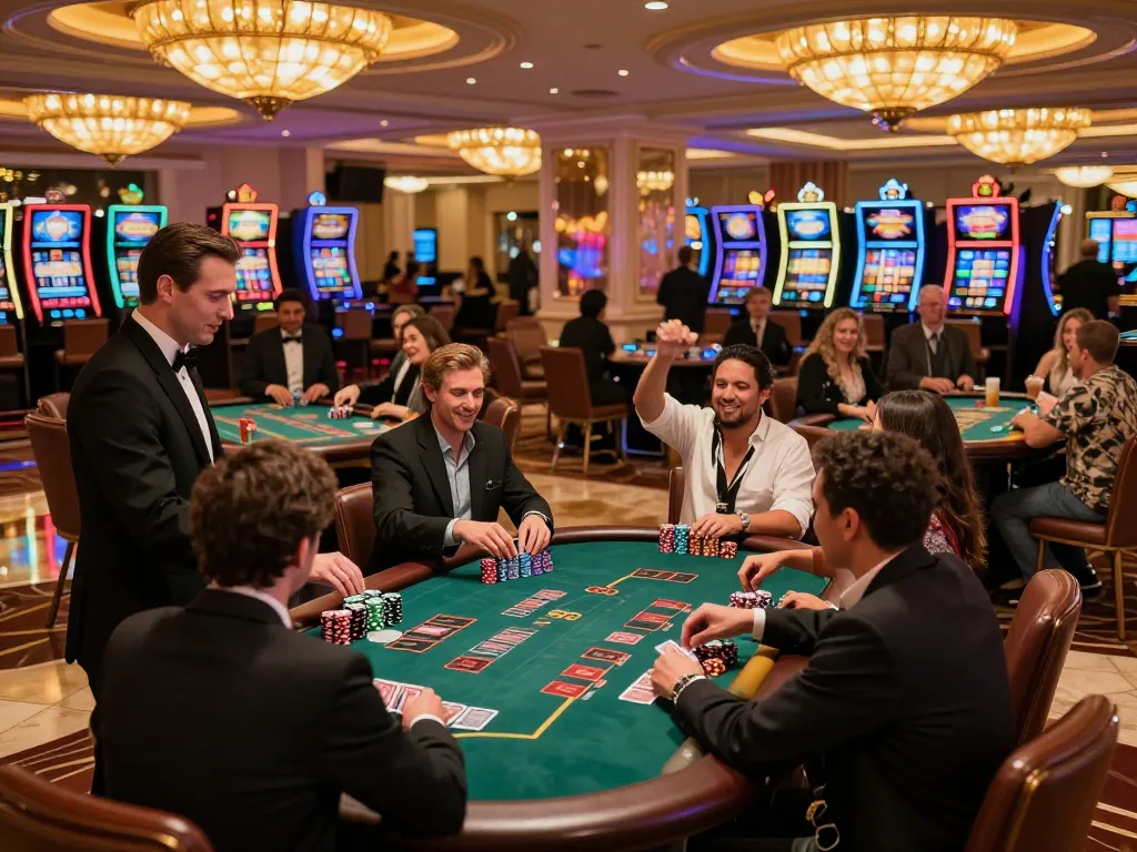 Players enjoying intense blackjack games at FIVE88 casino with stunning lighting and active gameplay.