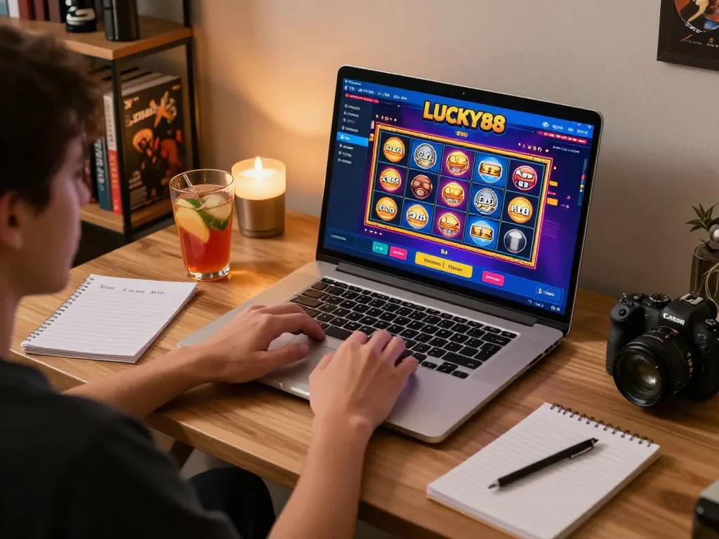 LUCKY88 gaming experience with a focused player enjoying online slots in a cozy setup