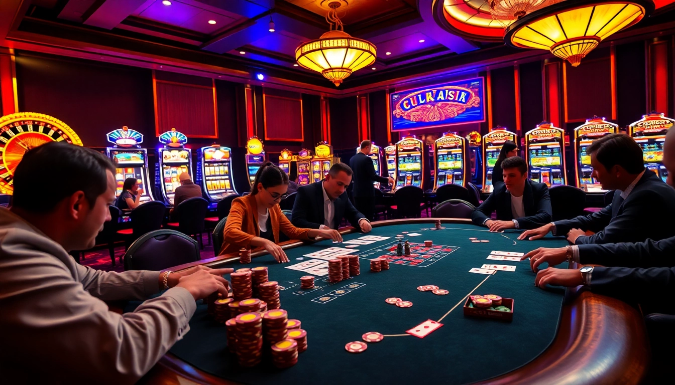 Players enjoying an exciting game at lc 88 casino with vibrant slot machines and poker action.