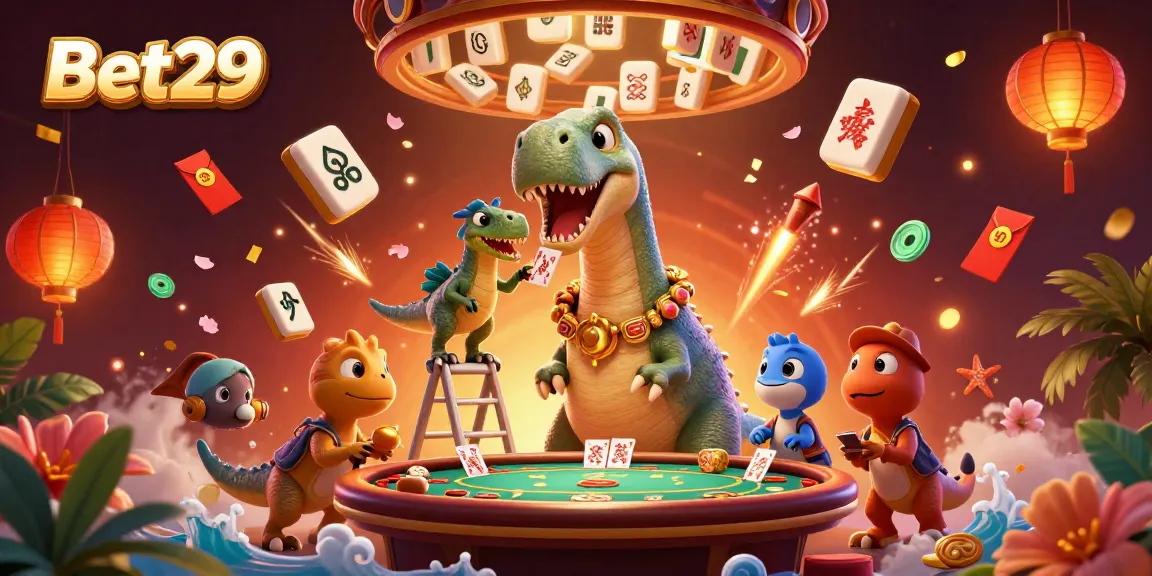 Experience the excitement of Bet29 with vibrant casino elements and a whimsical dinosaur scene.