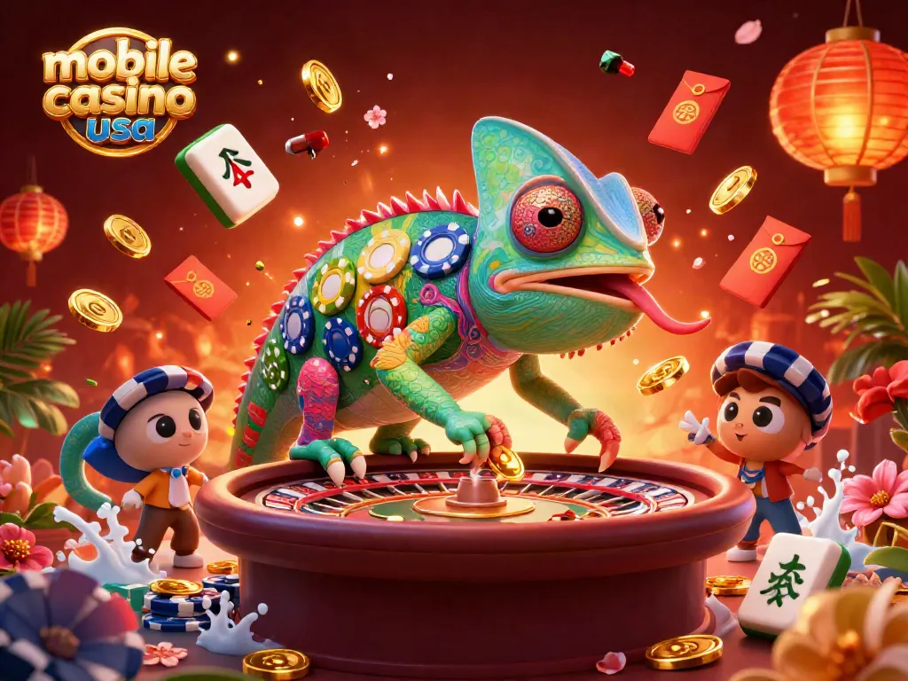 Experience thrilling wins at mobile casino usa with dynamic 3D chameleon and vibrant casino elements.