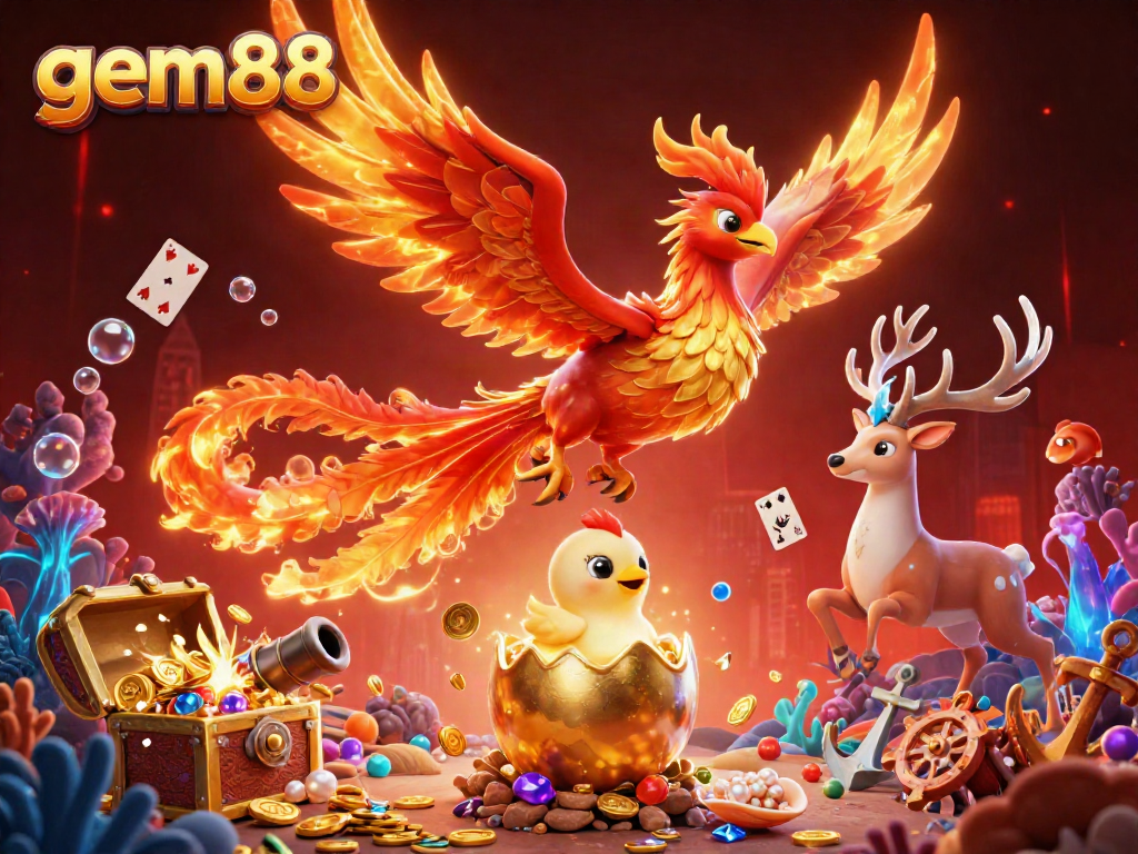 Players engage in exciting experiences at gem88, enjoying a vibrant 3D scene with a magical phoenix and underwater treasures.