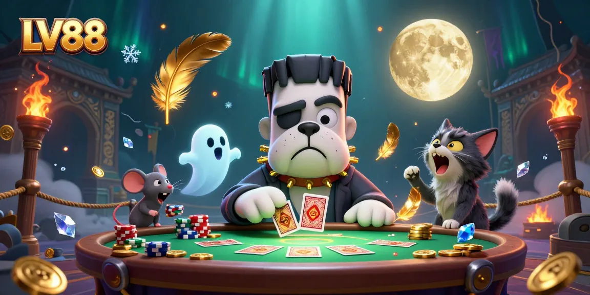 Experience exhilarating gameplay at LV88 Casino with cartoon creatures dealing cards at a spooky casino table.