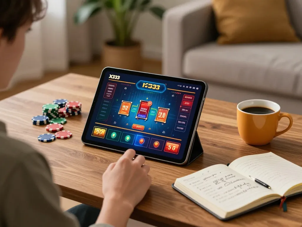 Engaging in online gambling on X333 with tablet showing casino games and strategic notes at home.