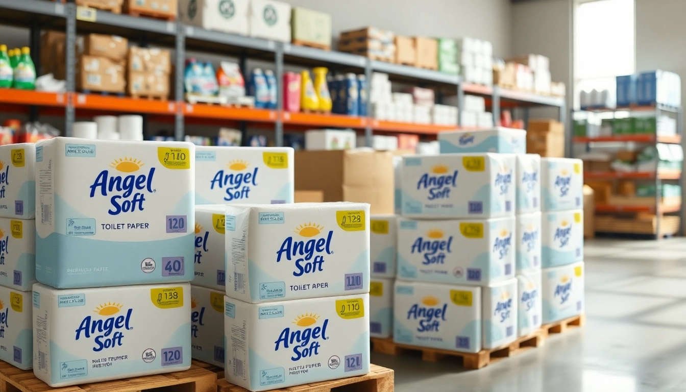 Ordering Angel Soft Toilet Paper Pallets in a bright and organized warehouse environment.