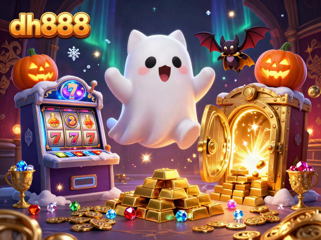 Play slots with dh888 in a haunted casino scene filled with treasure and vibrant magic.